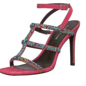 Donald J Pliner Fuschia High Heel Sandals Winona Kid Suede Stones Sparkle Sz 7.5